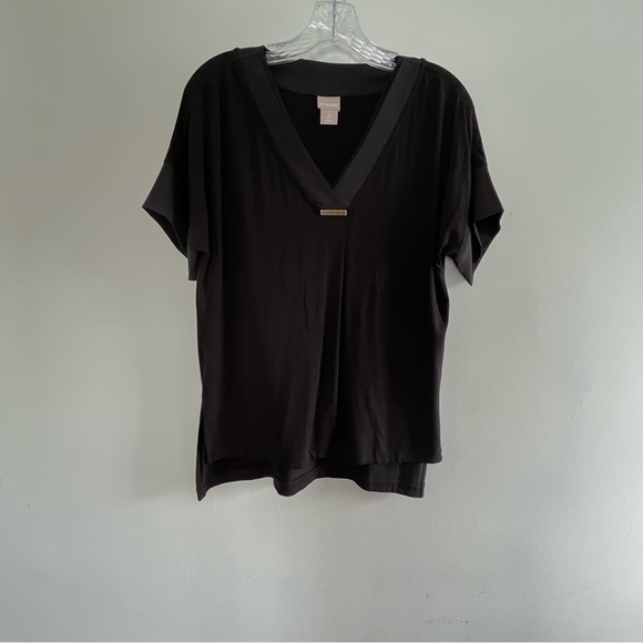 Chico’s Size 0 (U.S. size small) black short sleeve flowy v-neck‎ knit top EUC - Picture 3 of 9